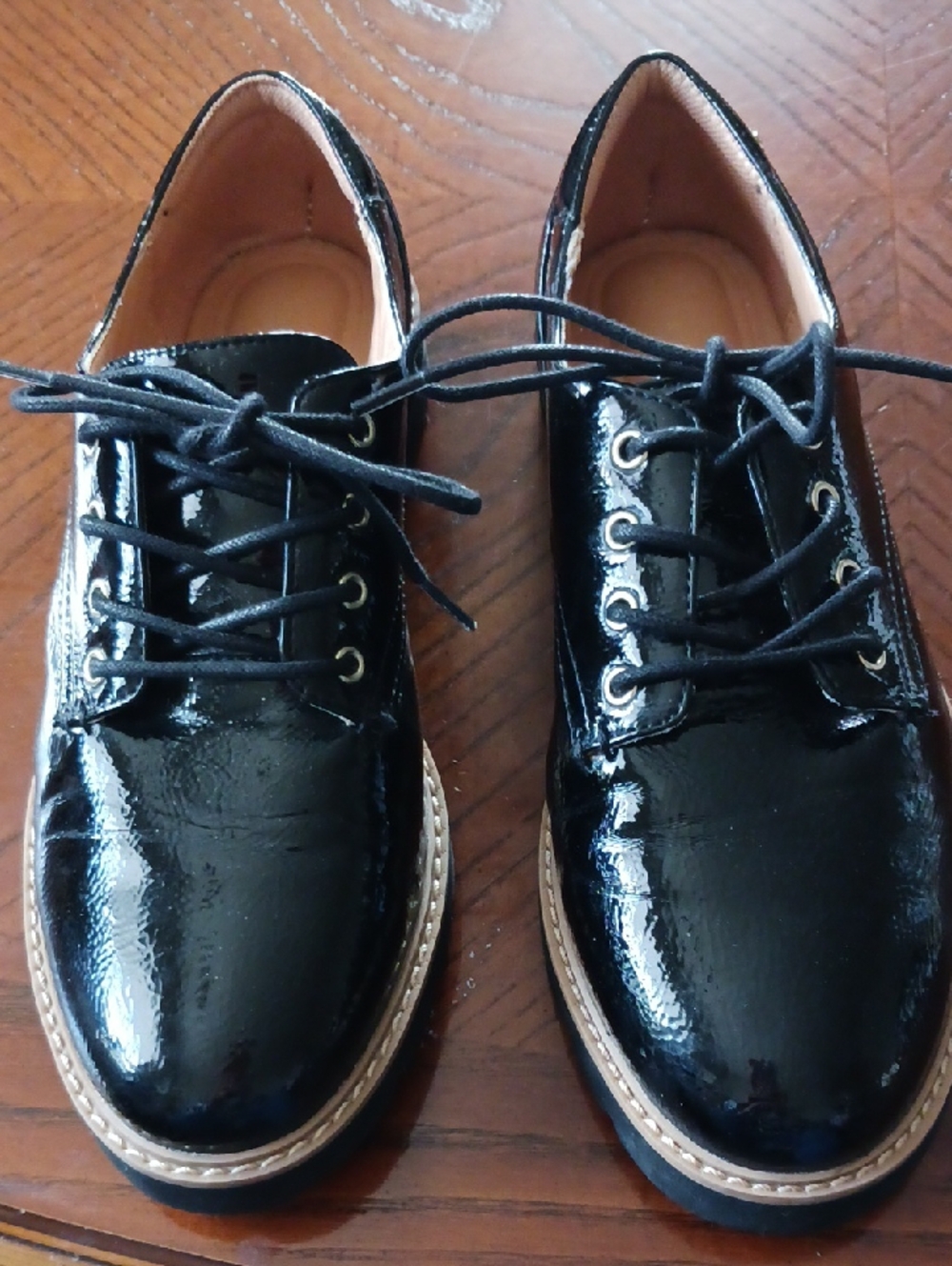 Kelly & Katie Black Patent Lace-Up Oxfords with Tan Trim